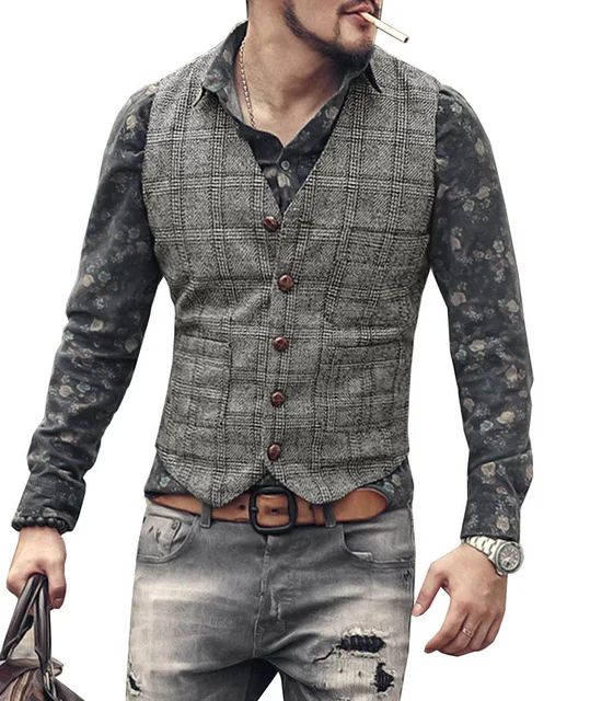 Gilet de marié marron noir, veste de Steampunk à carreaux pour homme, Gilet en Tweed à col en v, costumes de mariage