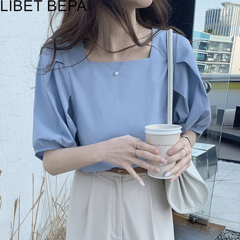 

New 2021 Spring Summer Women Blouses Shirt Sweet Square Collar Minimalist Elegant Wild Korean Style Lady Vintage Tops BL3335