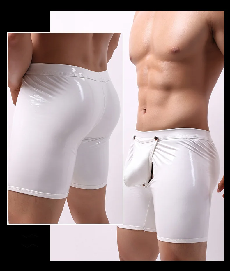 Men Long Boxer Shorts Sexy Big Penis Bag Panties Patent Leather Buttons Erotic Hollow Gay Underwear Brand Long Leg Underpants