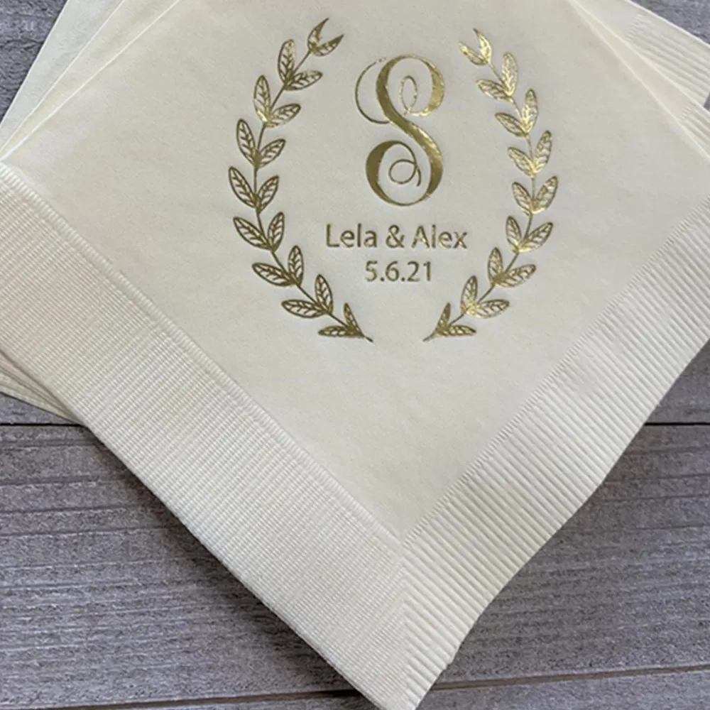 

Personalized Wedding Napkins Custom Monogram Rustic Flowers Laurel Wreath Lots of Napkin Colors and Print Colors to choose from!