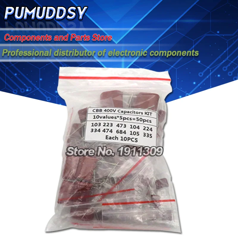 

KIT 50PC=10value*5PCS Metallized Polyester Film Capacitors CBB Assortment Kit 400V 10nF ~ 3.3UF