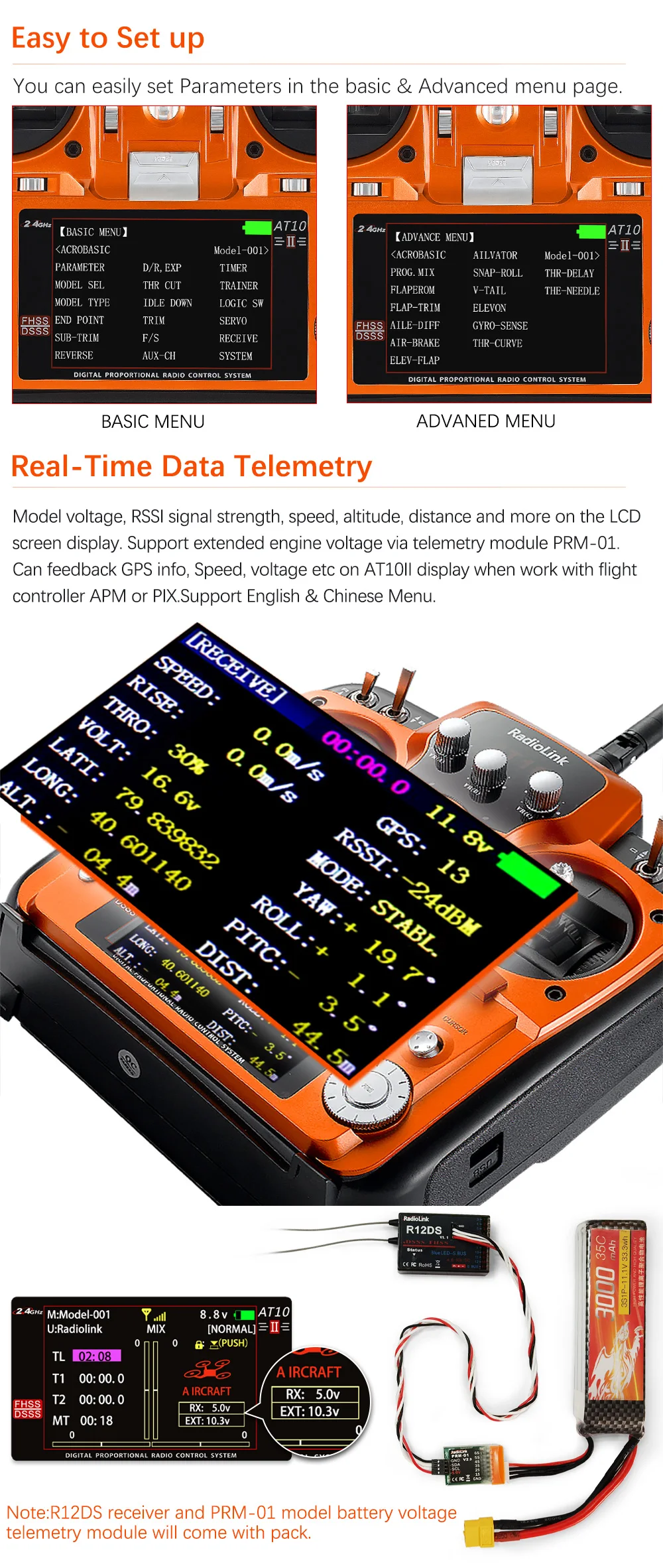 Radiolink AT10II 2,4GHz 12-Kanal RC-Sender und Empfänger R12DS AT10 II PRM-01 Spannungsrückmeldung für RC-Drohne Flugzeug Quadcopter – Detail 3