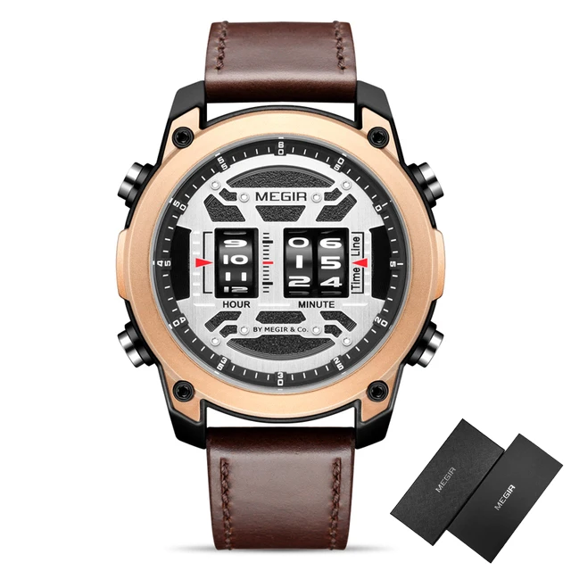 MEGIR Scroll Wheel Design Watches Men Leather Business Sports Watch Fashion Quartz Waterproof Roller Time Display relogio