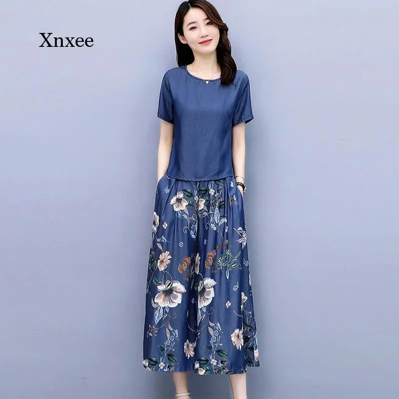 2021 Ladies Summer Fashion Wide Leg Pants Suit Two-Piece Loose Print Suit Ladies Hakama Suit