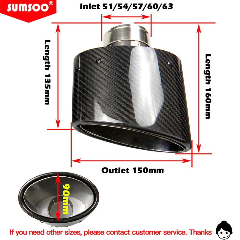 genuine SUMSOO 1 PCS Universal Oval Slanted Carbon Fiber Muffler Tip Glossy Black Carbon Fiber Curly Edge Exhaust Tip