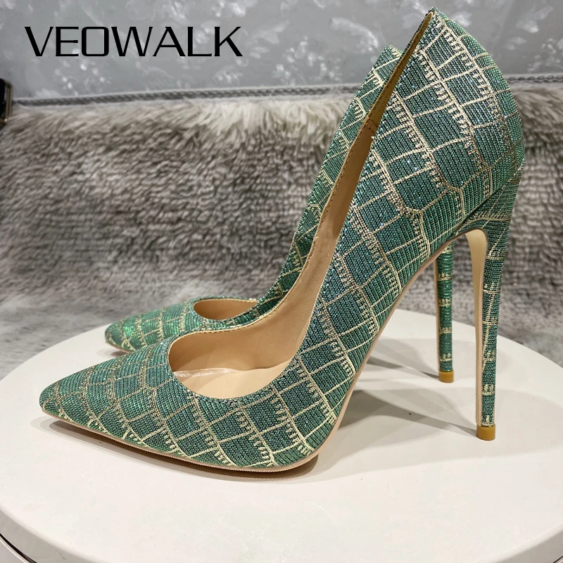 

Veowalk Gold Embossed Crocodile Effect Women Green Pointy Toe Stiletto Pumps Sexy High Heel Shoes for Party 8cm 10cm 12cm