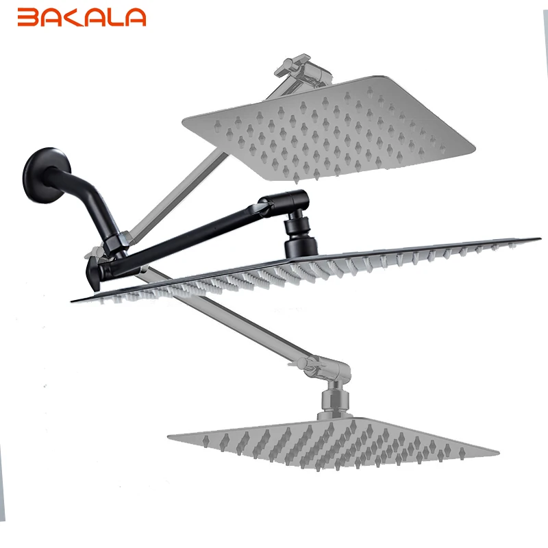 

BAKALA 304 Stainless Steel Black Adjustable Rain Shower Head With Solid Brass Extension Arm Folding Free Shipping