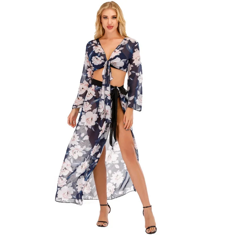 Cache maillot de bain deux pièces en Polyester, imprimé Floral, Sexy, Protection solaire, pour femmes, vêtements de plage, pour l'été