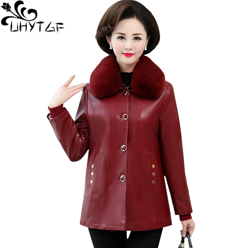 UHYTGF Qualität PU Leder Herbst winter leder jacke pelz kragen Große größe Oberbekleidung gewaschen leder fleece warme jacke frauen 579