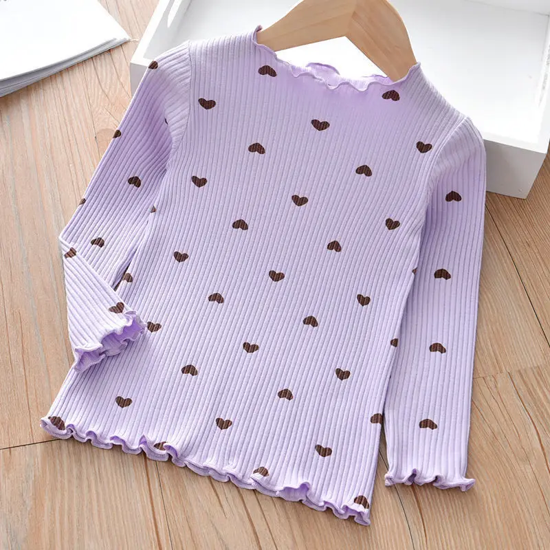 2024 New Spring Cotton Girls T-Shirt Long Sleeve Baby Kids O-Neck Bottoming Shirt for Children Clothes Cute Heart Girl Tops
