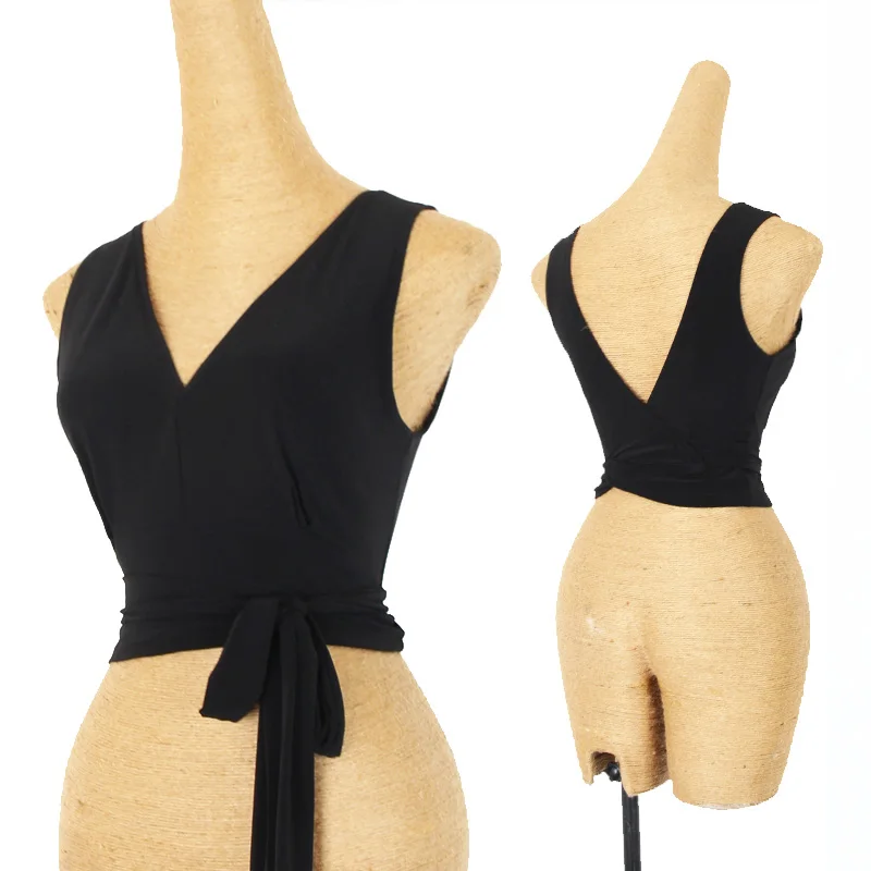 Hauts de danse latine pour femmes, noir, Sexy, col en v, gilet, Tango, Salsa, Cha, Samba, Rumba, vêtements d'entraînement pour dames, DNV13441