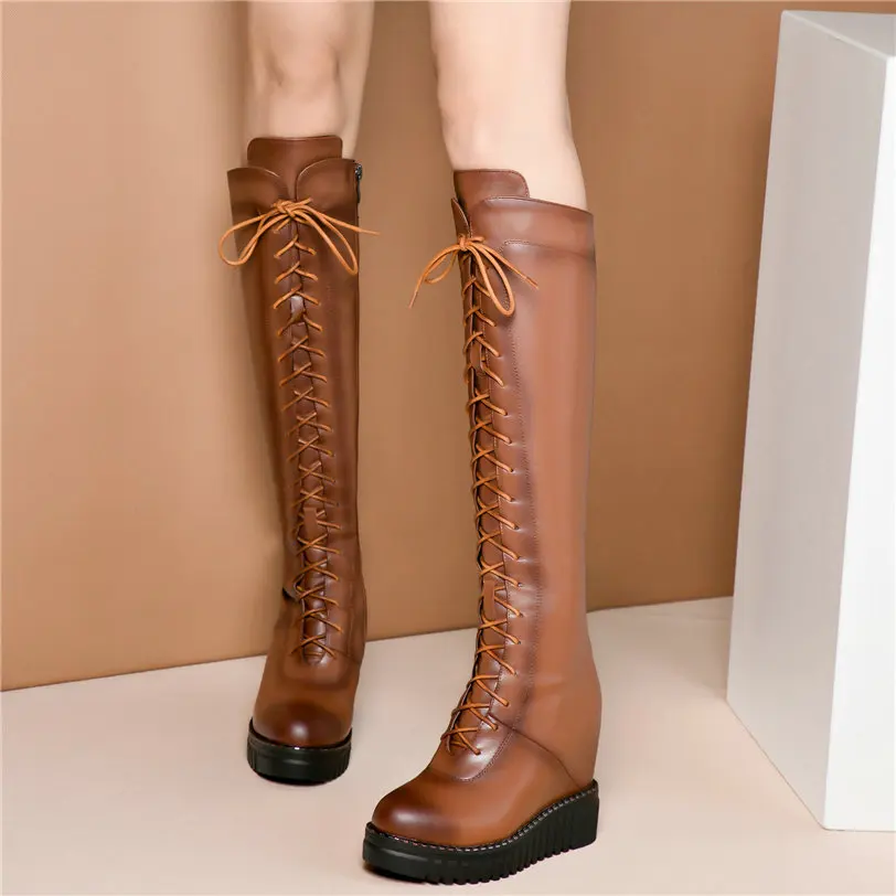 2020 Women Lace Up Genuine Leather Wedges High Heel Knee High Boots Female Winter Warm Warm Thigh High Platform Fashion Sneakers