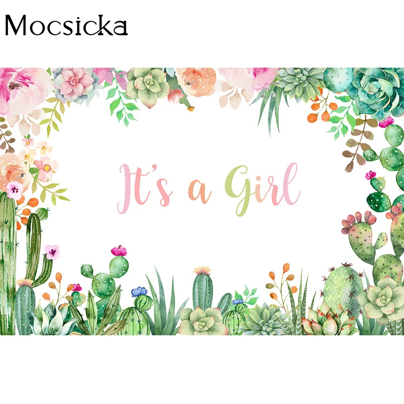 Mocsicka Dit Meisje Fotografie Achtergrond Tropische Cactus Bloemen Decoratie Props Pasgeboren Douche Foto Achtergrond Banner