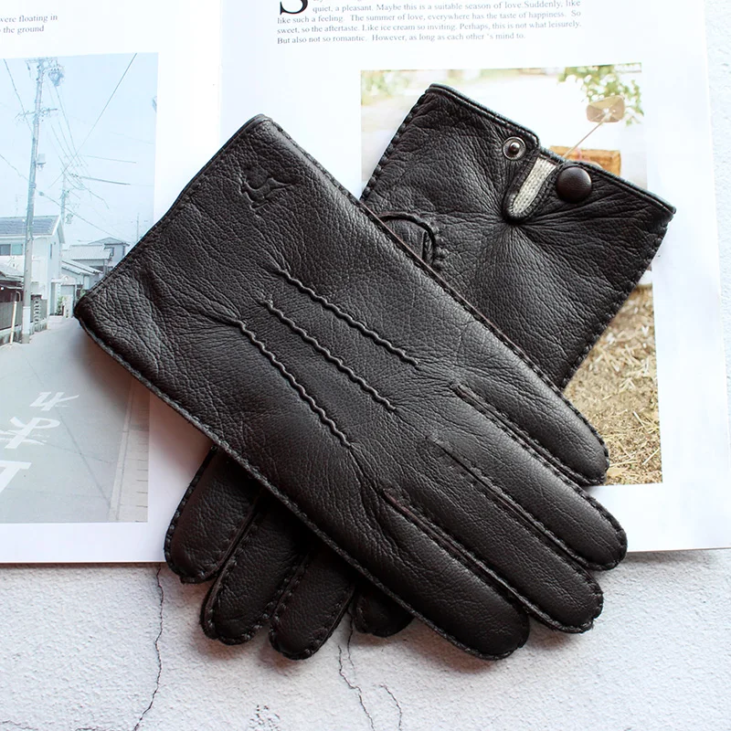 Winter Driving Leather Deerskin Gloves Men\'s Fashion New Wool Lining Autumn Warmth Motorcycle Riding Driver Finger Gloves