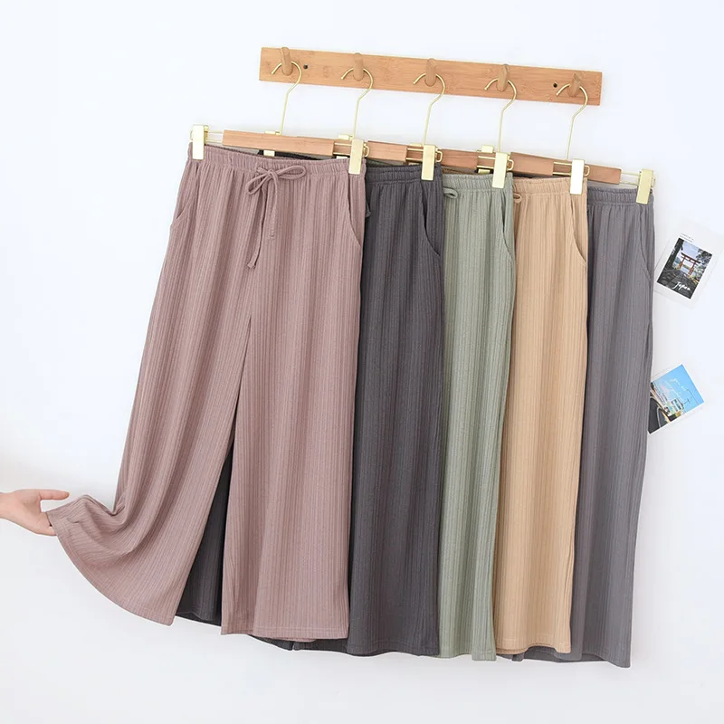 2024 New Summer Threaded Wide Leg Pants Women\'s Cropped Pants Thin Shorts Various Colors Large Size Pants pajama pants bottoms