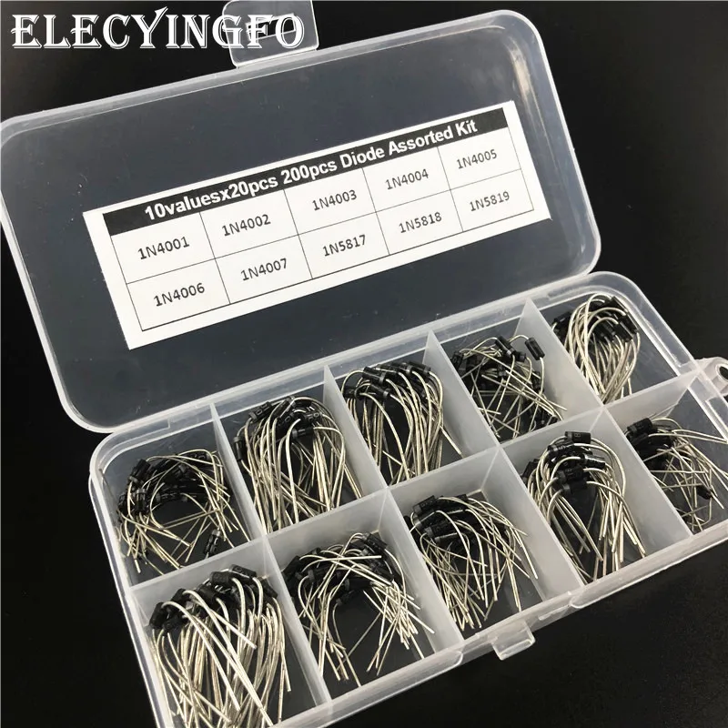 10Values x20 200pcs Rectifier Diode Schottky Assortment Electronic kit 1N4001~1N4007 1N5817 1N5818 1N5819 With storage Box