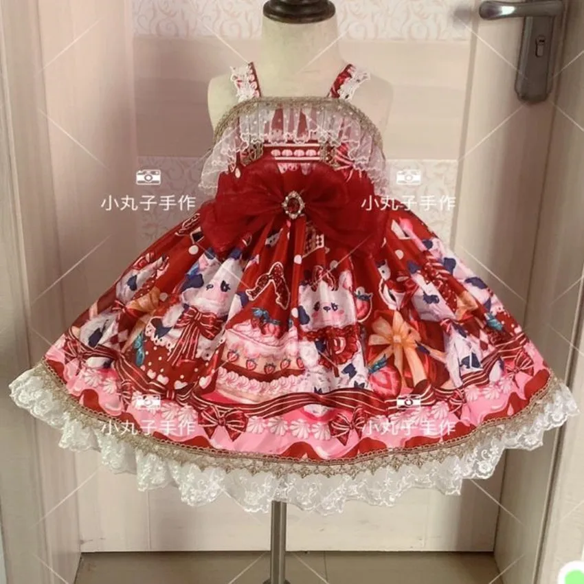 

Baby girl vintage Spanish England strap lolita dress kids cute lace stitching printed party ball gown dress