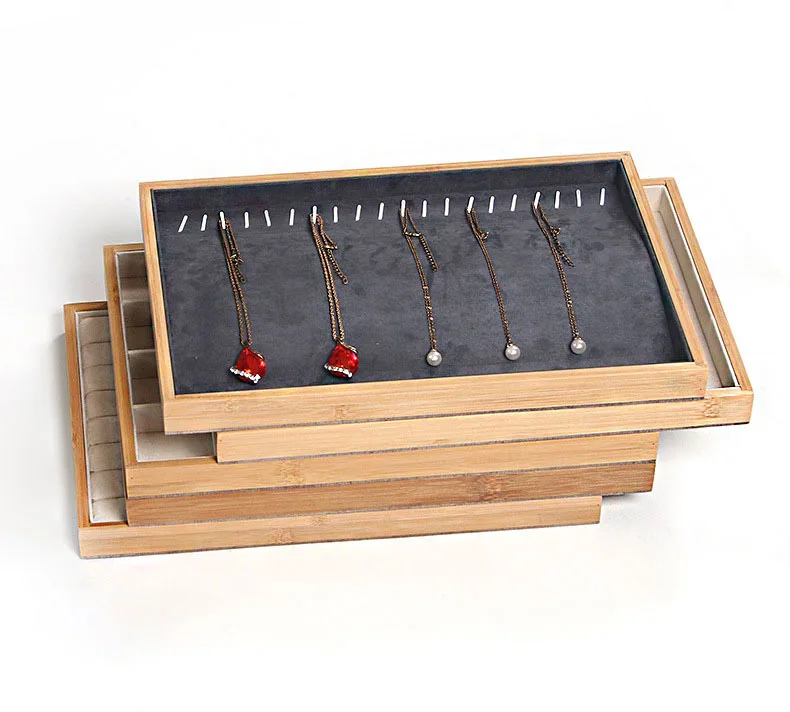 Velvet Inner Jewellery Tray Rings Necklaces Display Top Natural Bamboo Frame Jewelry Box Soft Earrings Pendant Storage Organizer