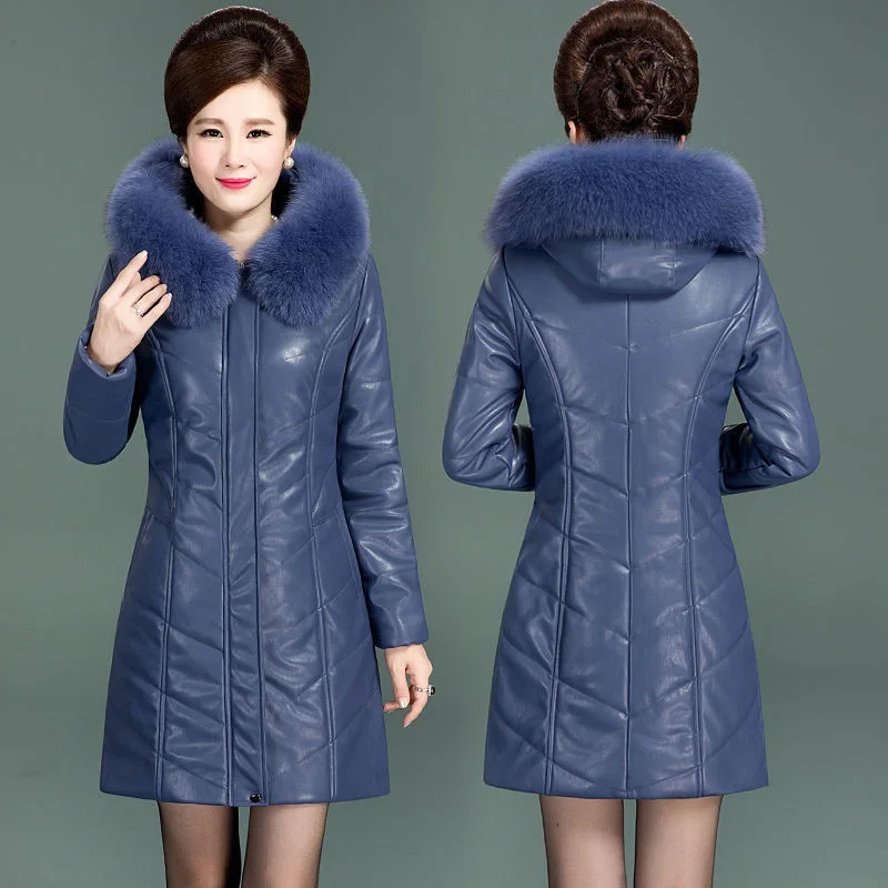 PU Leather Jacket Winter Women Coat Zipper Fur Collar Thicken Cotton Warm Hooded Coat Pu Leather Middle-aged Women Parkas R1636