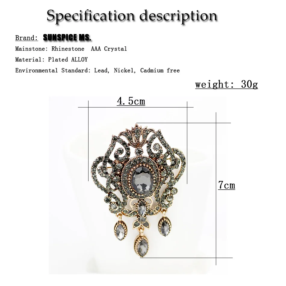 Sunspciems Full Rhinestone Gray Crystal Flower Brooch Pins Bohemia Ethnic Banquet Jewelry Turkish Hijab Scarf Broches Brooches