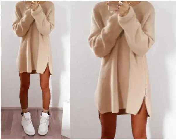 Women Long Sleeve Autumn Winter Knitted Zippers Side Jumper Sweater Dress Loose Tunic Baggy Dresses