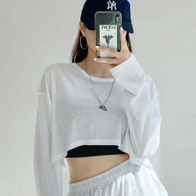 T-shirts Women Solid Loose Fashion Casual Ulzzang Chic Summer Sheer Top Lady Students Stylish Streetwear Cool BF Tees Sun-proof