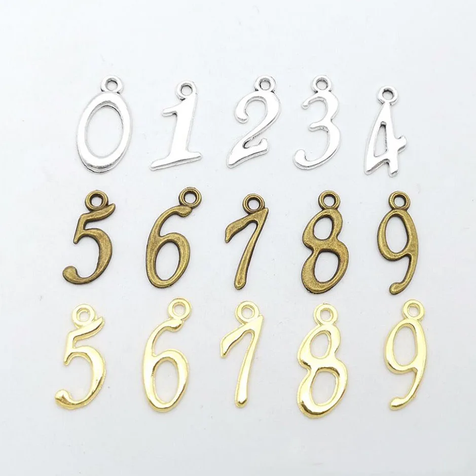 30pcs/lot three color Arabic numerals charms Metal alloy number pendant Bracelet Key chain DIY handmade jewelry