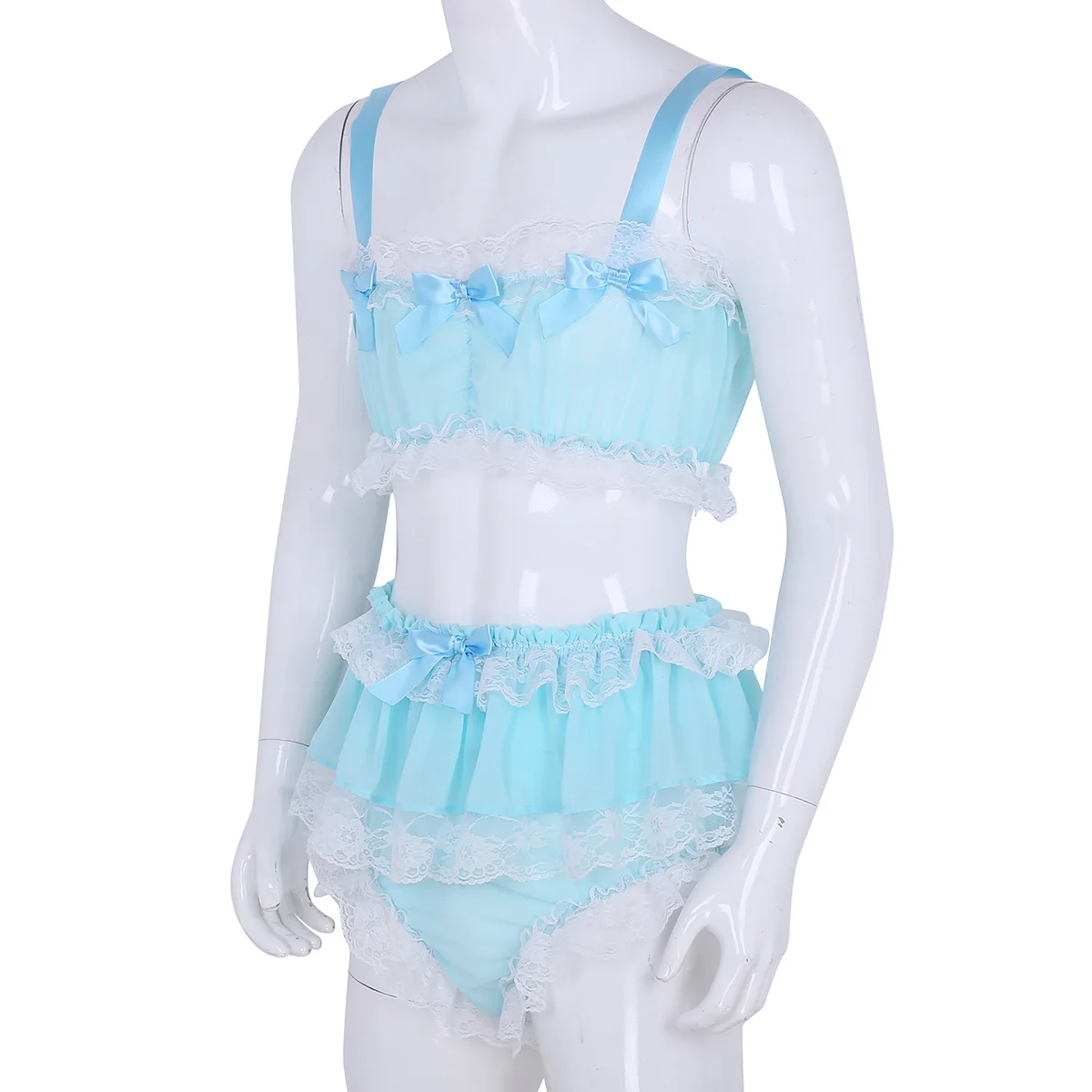 2Pcs Mens Ruffled Lace Sheer Chiffon Sissy Lingerie Set Sleeveless Crop Top with Skirted Petticoated Panties Sexy Men Underwear