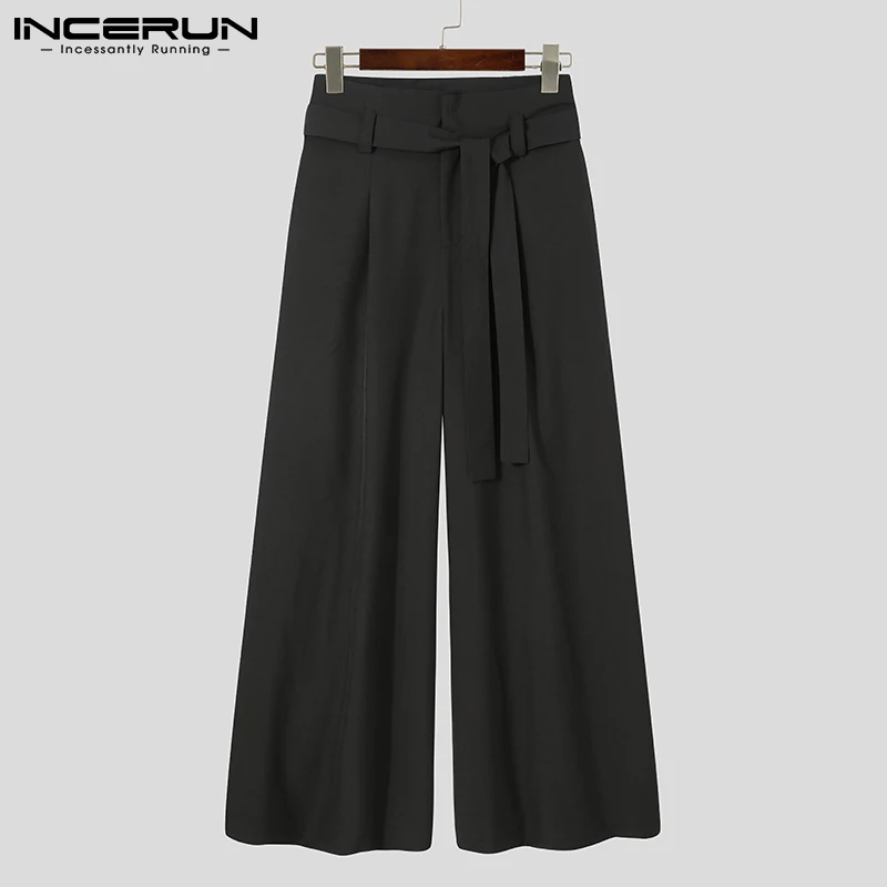 INCERUN Men Pants 2023 Joggers Lace Up Solid Color Streetwear Wide Leg Trousers Loose High Waist Casual Pantalon Hombre S-5XL