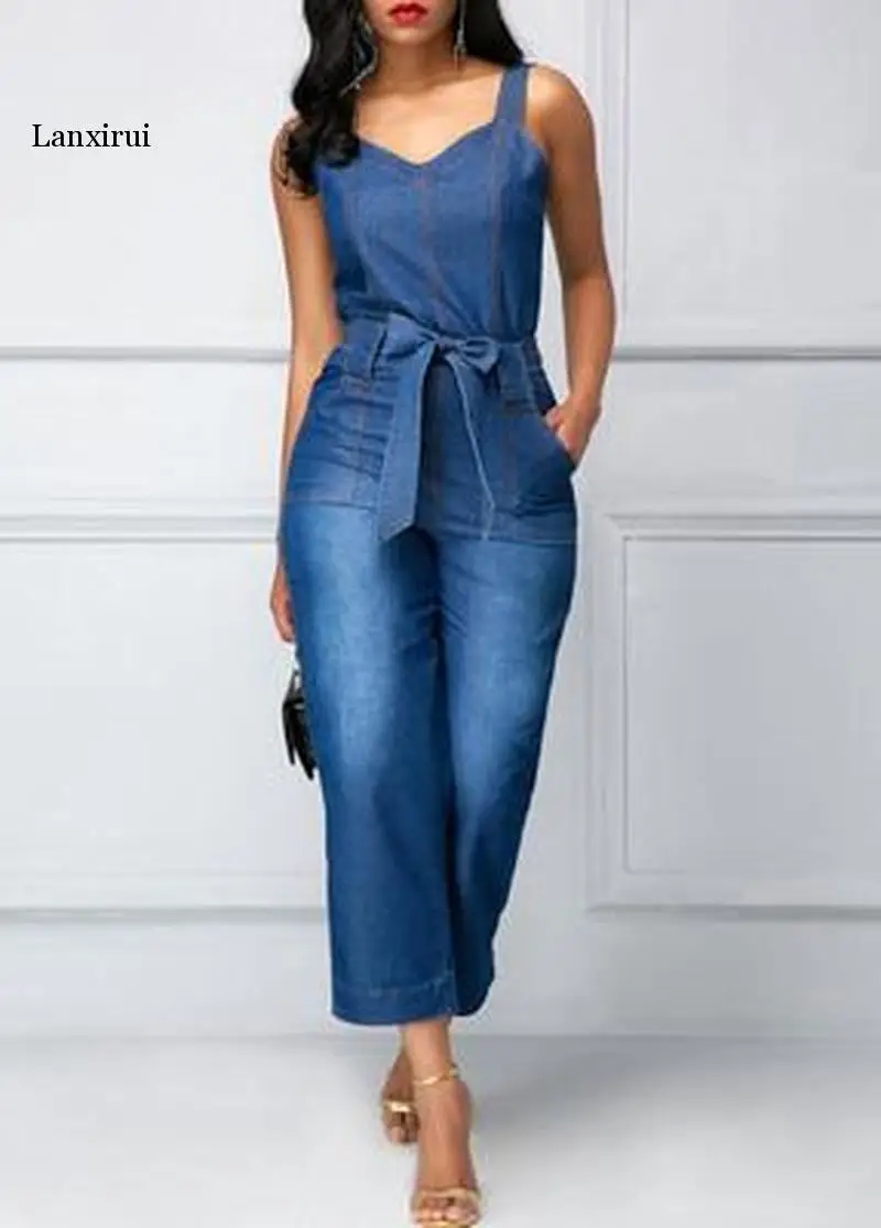 Women Sexy Slim Strap Denim Jumpsuit Long Pants  loose denim jumpsuit vintage casual jeans playsuit romper