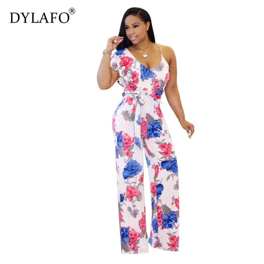 Hot Dijual 2019 Bunga Halter Wanita Jumpsuit Sexy Bodysuit Boho Cetak V Neek Backless Summmer Gaya Streeetwear Santai Rompers