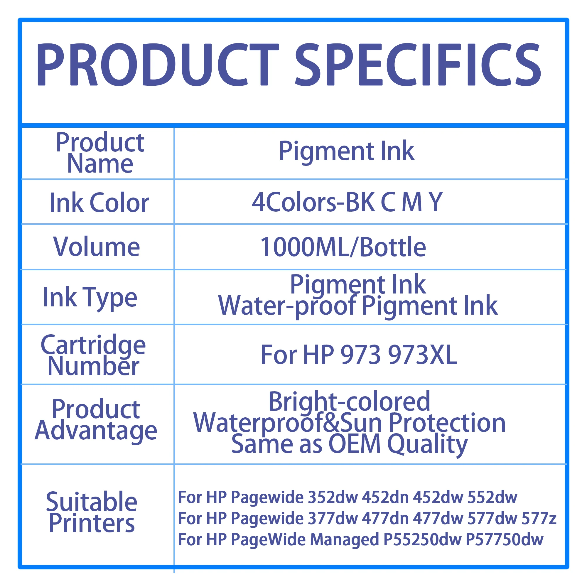 OCINKJET For HP 973 973XL Refill Pigment Ink 4 X 1000ML Cartridge Compatible For HP Pagewide 352DW 452DW 552DW 377 477 577DW