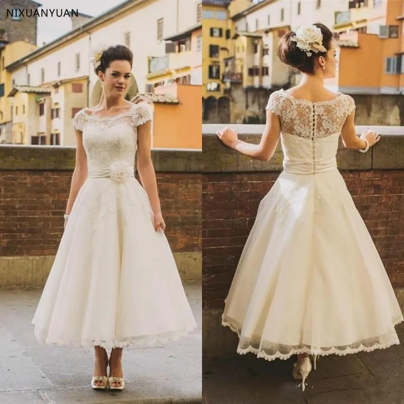 Ankle-Length Vintage Short Wedding Dresses 2022 For Bride Lace Appliques Cap Sleeve Flower Belt A Line Elegant Civil Bridal Gown