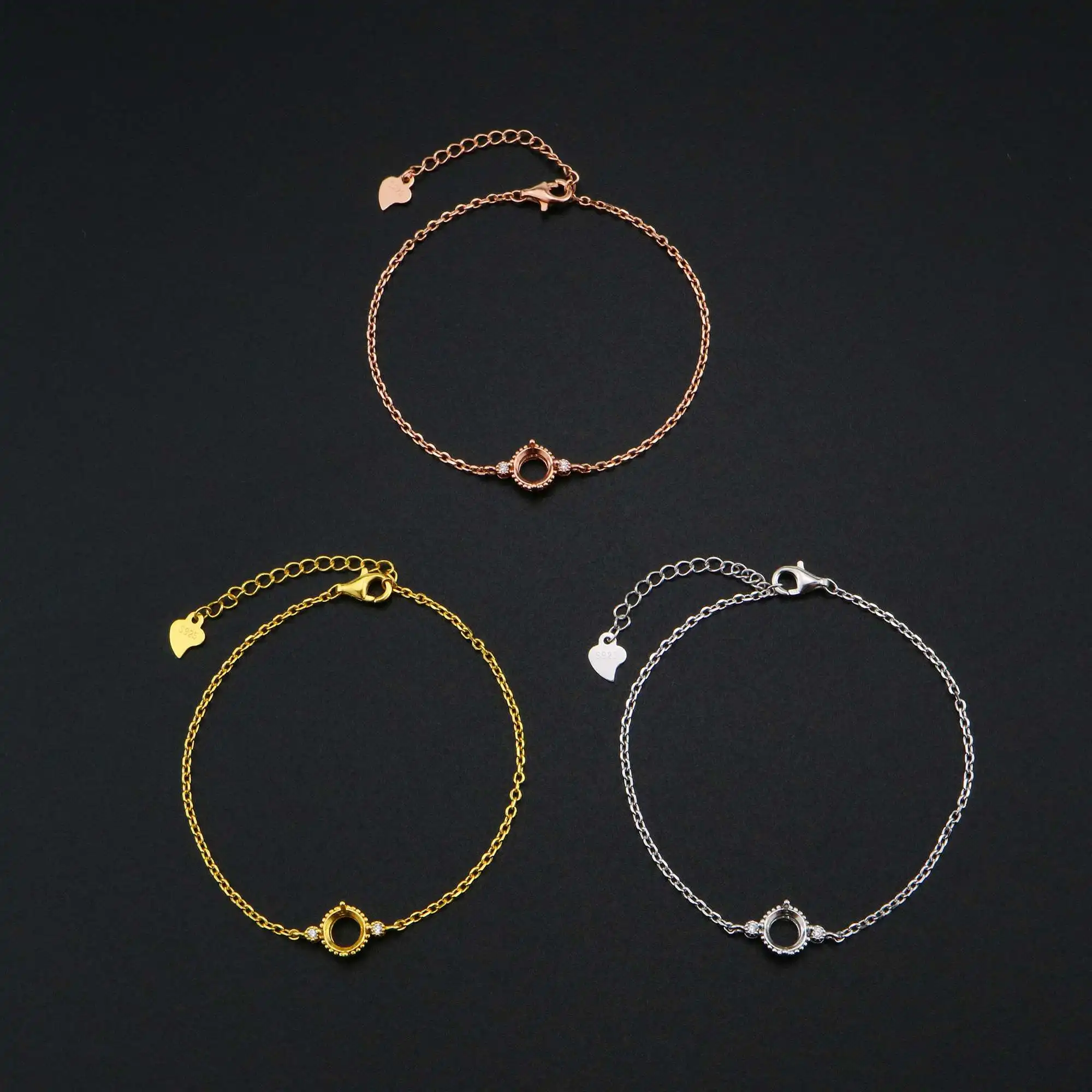 Round Prong Bezel Bracelet Settings Three Stone Solid 925 Sterling Silver DIY Bracelet Supplies for Gemstone 6+1\'\' 1900260