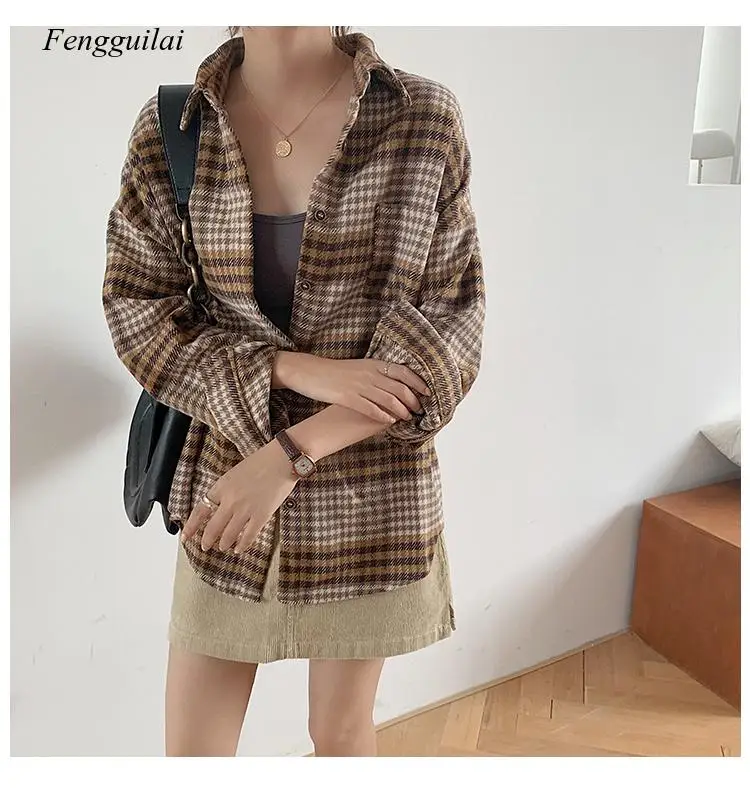 Velvet Thick Fashion Casual Loose All Match Vintage Plaid Korean Style Regular Hot Sale Long Sleeve Turn Down Collar Women Shirt