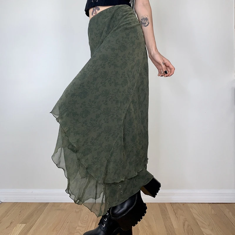 Women Y2K Vintage Floral Printed Midi Skirt 90s E-Girl Grunge A Line Layered High Waist Long Skirt Fairycore Streetwear