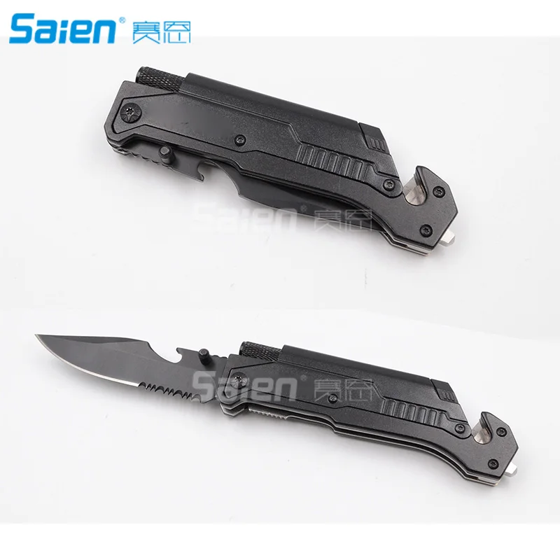 6-in-1 Survival Tactical Folding Pocket Knives with LED Light,Seatbelt Cutter,Glass Breaker,Bottle Opener;Multi-Function Emergen