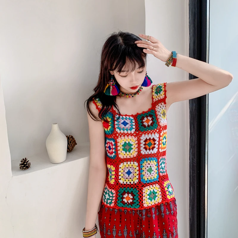 TIYIHAILEY Free Shipping 2021 New Fashion Sleeveless Spring And Autumn Vest Sweaters Tops Hand Made Knitted Crochet Colorful