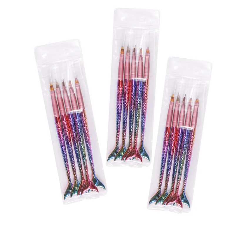 Gran oferta 5 unids/set de sirena arte de uñas cepillo para dibujo en Gel UV Diente de pintura de La Flor tallada luz herramientas para terapia