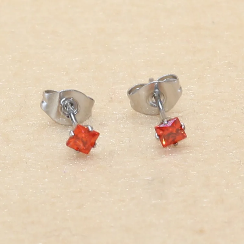 Stainless Steel  Stud Earrings Colorful AAA Square 3MM Zircons Earring No Fade Allergy Free For Unisex