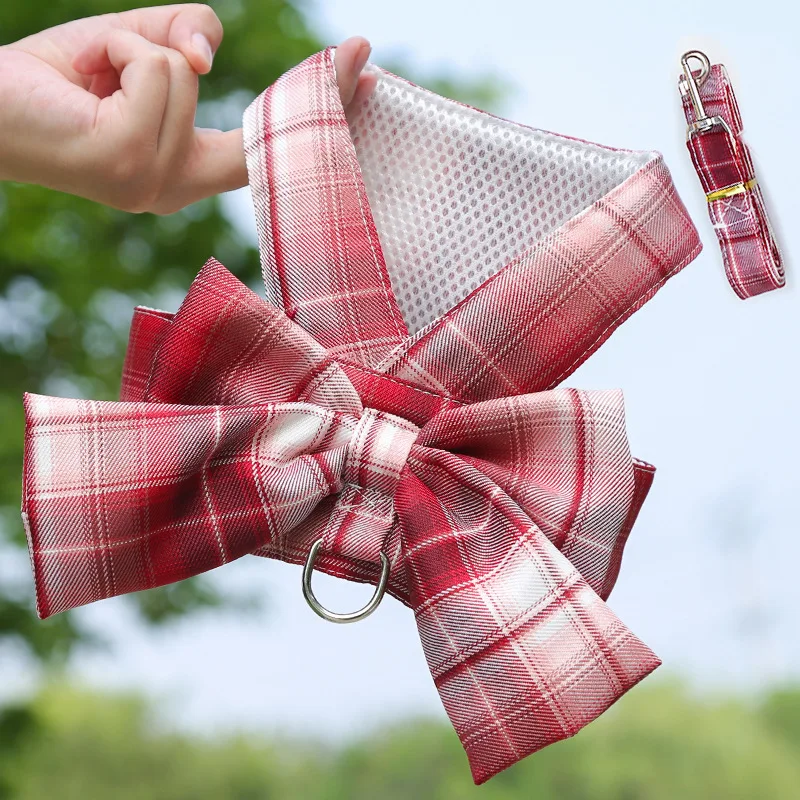 Gitter Hund Kleid Harness Und Leine Set Schöne Pet Hund Kleidung Für Kleine Hunde Chihuahua Rock Französisch Bulldog Welpen Kleid kragen – Detail 3