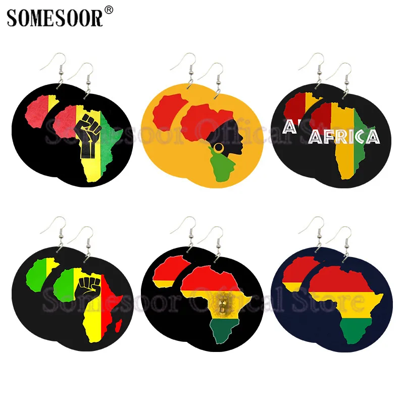 

SOMESOOR Unite Africa Colors Map Wood Drop Earrings Powerful Fist Afro Ethnic Headwrap Woman design Jewelry For Blacks Gifts