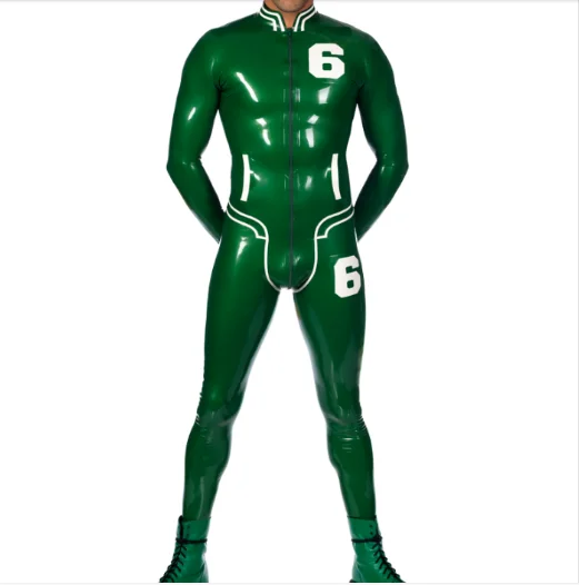 Fetish 100%Gummi Latex Green &WhiteCatsuit Party Anzug Suit Tight 0.4mm Zipper S-XXL