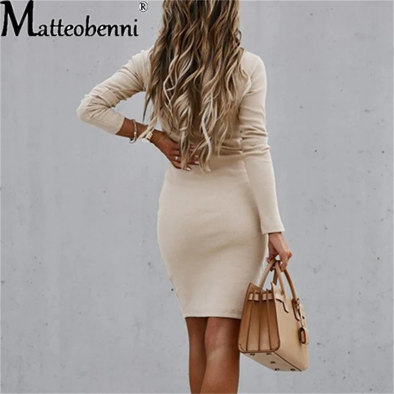 Womens Fashion Round Neck Button Bodycon Mini Dress Autumn Winter Ladies Solid Color Long Sleeve Temperament Slim Pencil Dresses