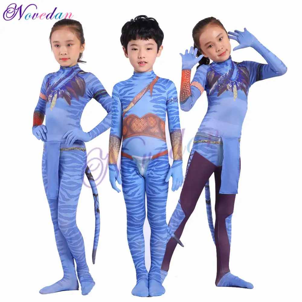 Girls Avatar 2 Neytiri Costumes Tail Suit Boys Jake Sully Cosplay Zentai Bodysuit Jumpsuit Kids Halloween Birthday Party Costume