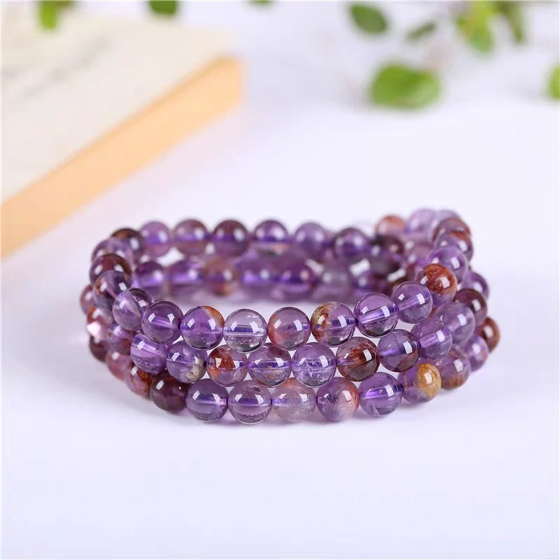 Natural Purple Auralite 23 Cacoxenite Round Beads 3 Laps Bracelet 6mm Women Men Phantom Necklace AAAAA