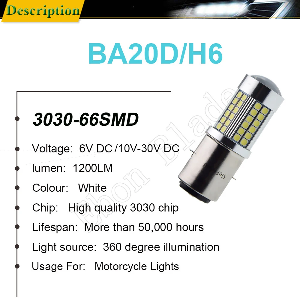 White Motorcycle Motorbike H6 Headlight 6V 12V BA20D H4 Bixenon Beam 3030 66SMD LED Moped Scooter ATV Lamp Bulb P15D P45T Light