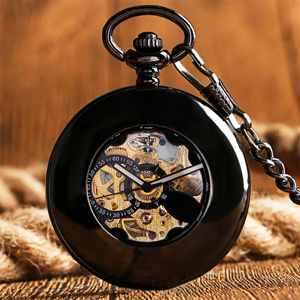 Polishing Smooth Silver/Black/Bronze Self Winding Mechanical Pocket Watch Hollow Circle Cover Retro Automatic Pendant Timepiece