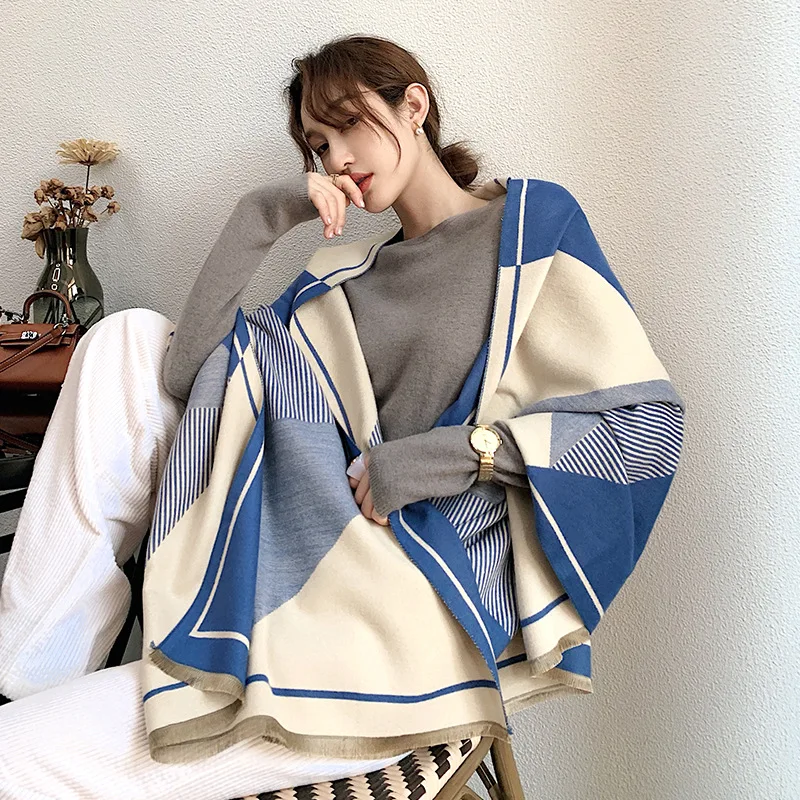 KOI LEAPING European and American style Winter new wild scarf female color matching cashmere double-sided warm shawl scarf