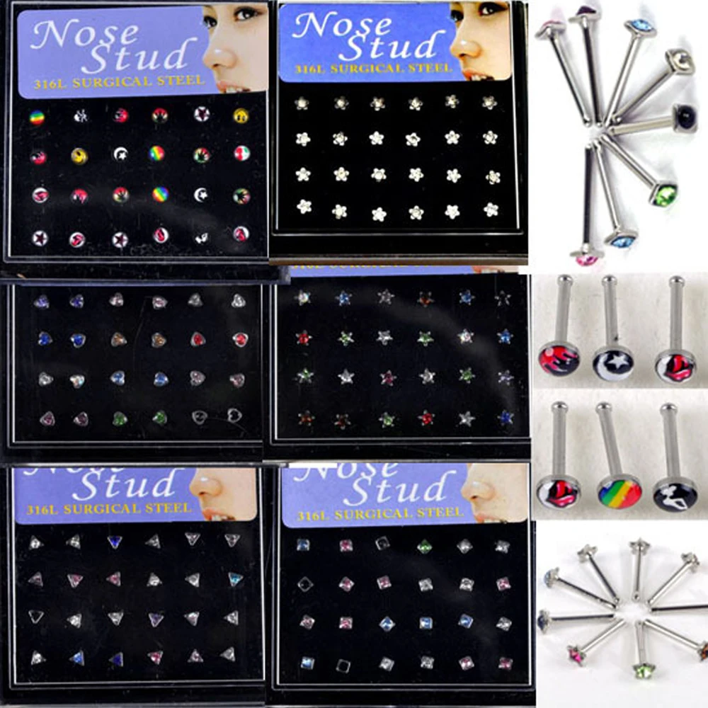 Chic 144pcs Fashion Crystal Nose Studs body jewelry piercing Nose Rings + display wholesale lots 6styles mixed